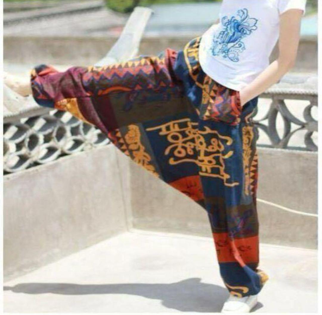 【再入荷】アジアン エスニック 柄 アラジン サルエルパンツ ゴム 赤 男女兼用拍卖