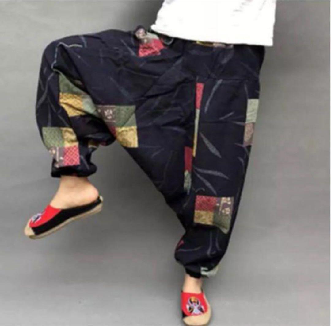 新品 アジアン 和風 和柄 ネイビー エスニック サルエルパンツ アラジンパンツ拍卖