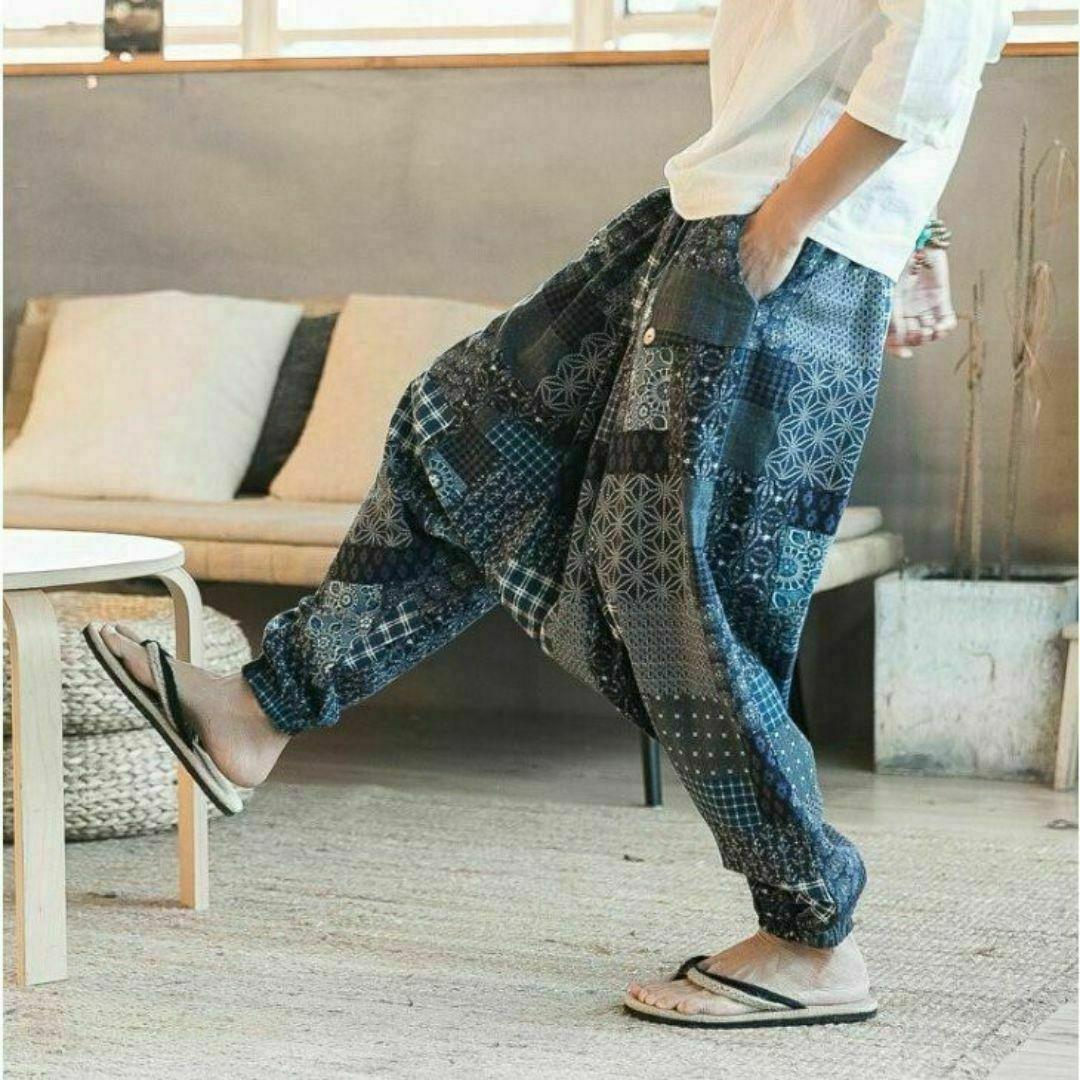 リネン 麻 麻柄 つぎはぎ エスニック柄 サルエルパンツ 和柄 青拍卖