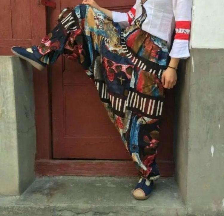 新品 リネン麻 コーヒー柄 目玉 アラジン エスニック サルエルパンツ 裾ゴム拍卖