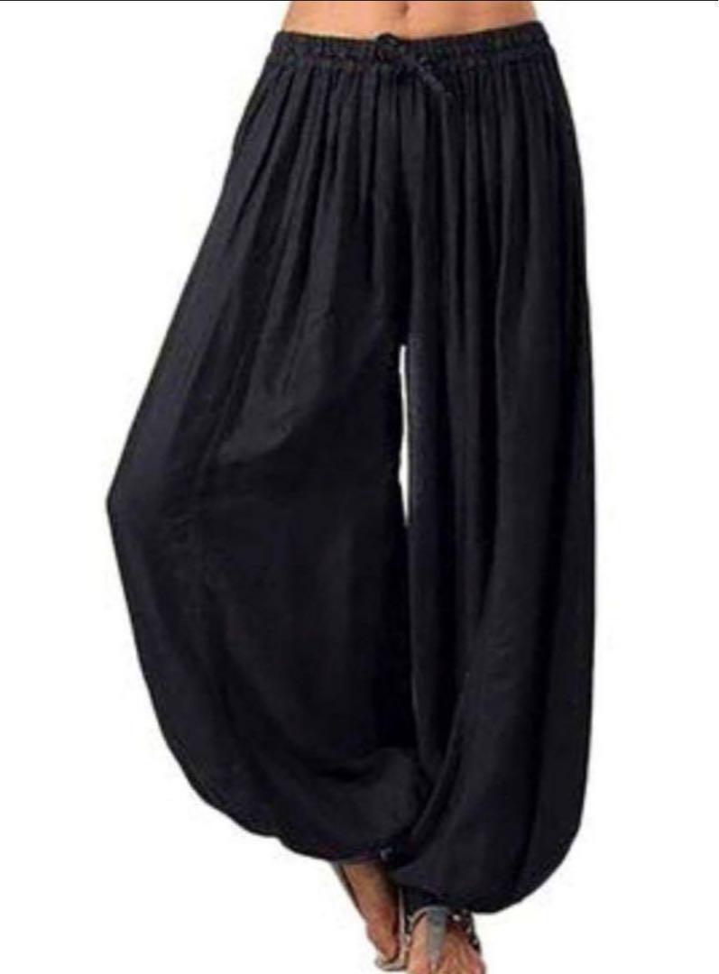 アジアン エスニック サルエル ロングパンツ 黒 無地 ゴム 男女兼用 ゆったり拍卖