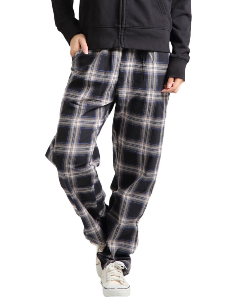 残りわずか コットン素材 チェック柄 ロングパンツ ストレート イージーパンツ ズボン 黒 男女兼用拍卖