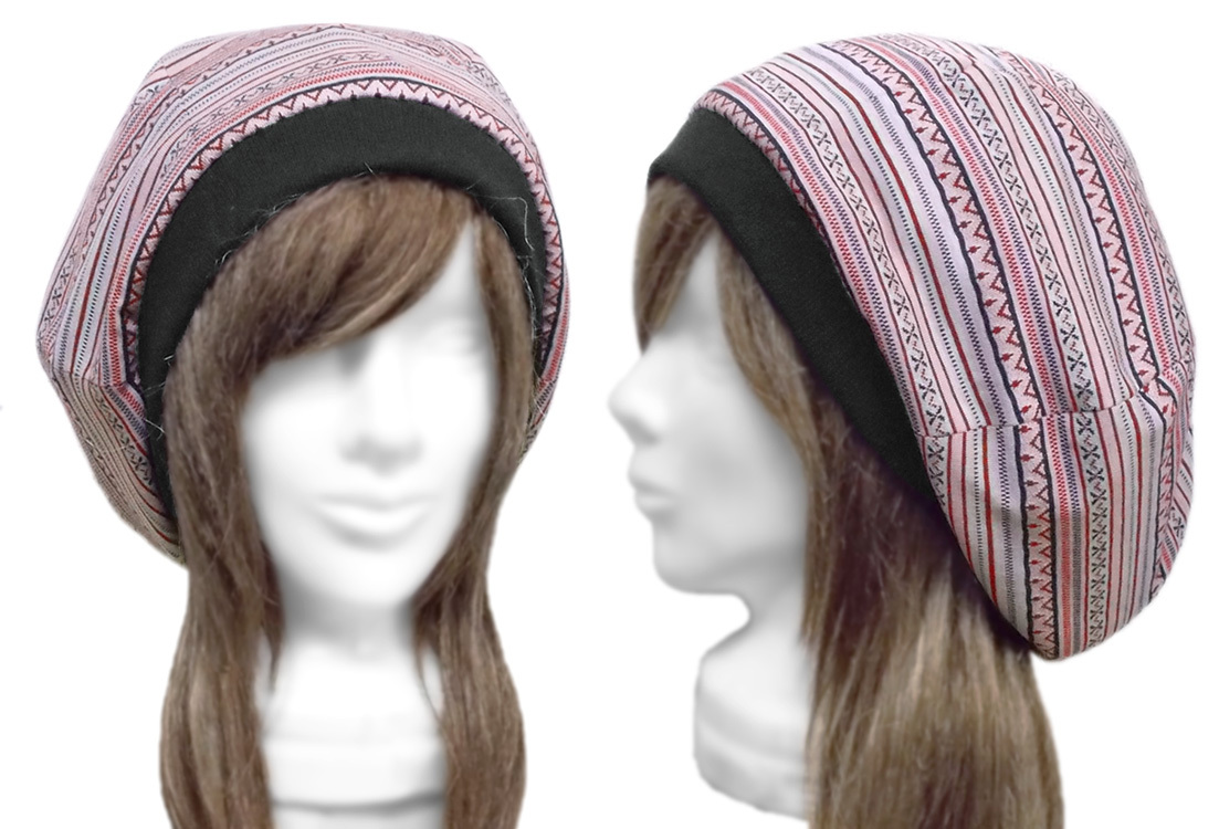 ◇送料無料◇ ハンドメイド◆ゆったりルーズ・リブ付ベレー帽◆フォークロア調コットンニット/レッドmix ◇小顔効果・オールシーズン◇拍卖