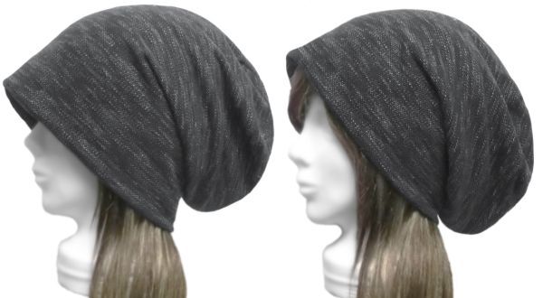 ◇送料無料◇ ハンドメイド◆ロングルーズワッチキャップ◆コットンフランネル ジャガード織ニット/黒mix ◇ゆったりサイズ・小顔効果◇拍卖