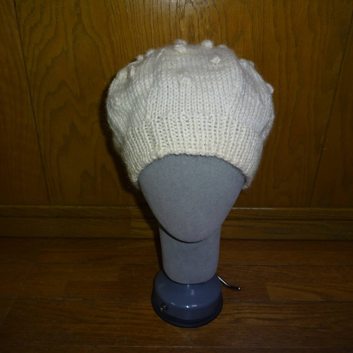 ニット帽 ハンドメイド アイボリー 棒針編みニット帽拍卖