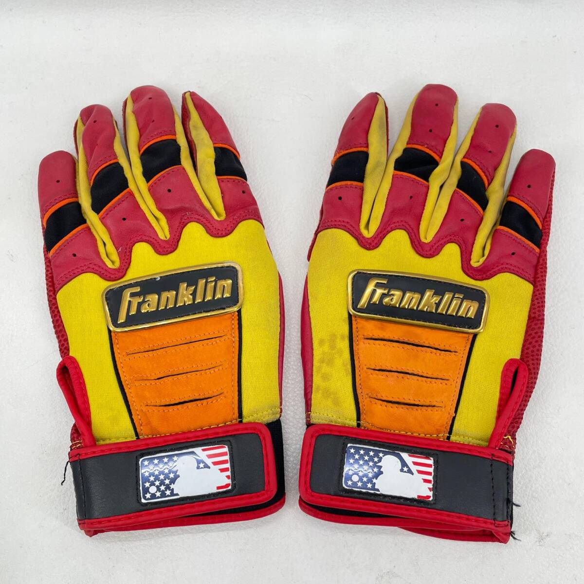 【中古】 Franklin フランクリン 野球 バッティンググローブ レッド×イエロー アダルトSサイズ 汚れ等あり ベースボール リユース ◆2003拍卖