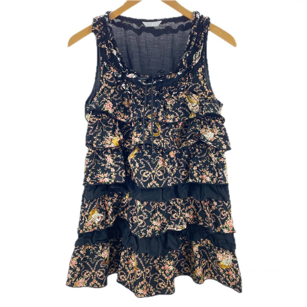 PINK HOUSE ピンクハウス ピコ加工 フリル×レース チュニックブラウス ノースリーブ ブラック フラワープリント ワンピース 花柄 ◆2003拍卖