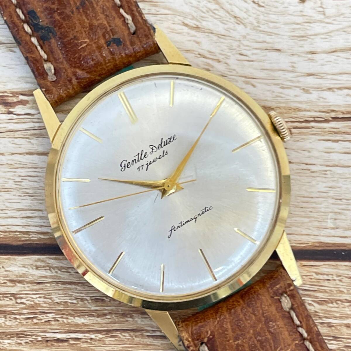 ジェントルデラックス 17石 アンチマグネティック 手巻き 白文字盤 メンズ アンティーク 腕時計 稼働品 中古 GENTLE DELUXE ◆2008拍卖
