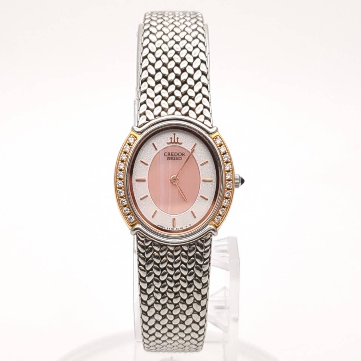 美品】 セイコー クレドール 5A70-3000 クオーツ レディース 腕時計 シェル文字盤 18KT×SS SEIKO CREDOR ダイヤ付き ◆2005拍卖