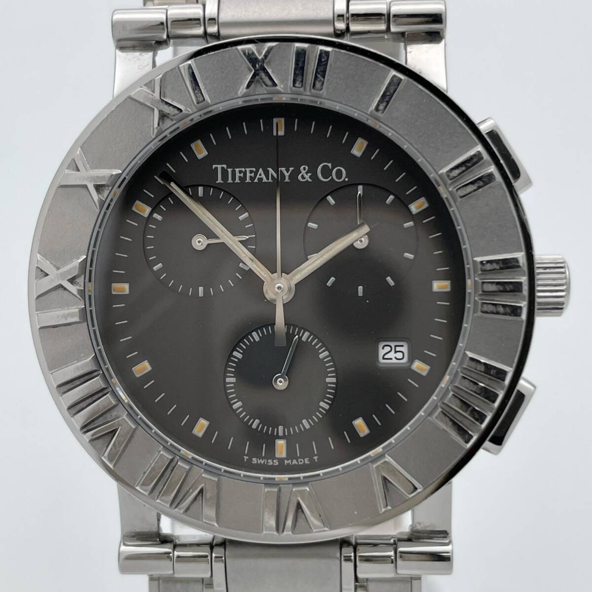 Tiffany & Co. アトラス クロノグラフ クォーツ 箱付 ステンレススチール グレー 17cm 程度B 050201725 風防除き小傷 ◆2008拍卖