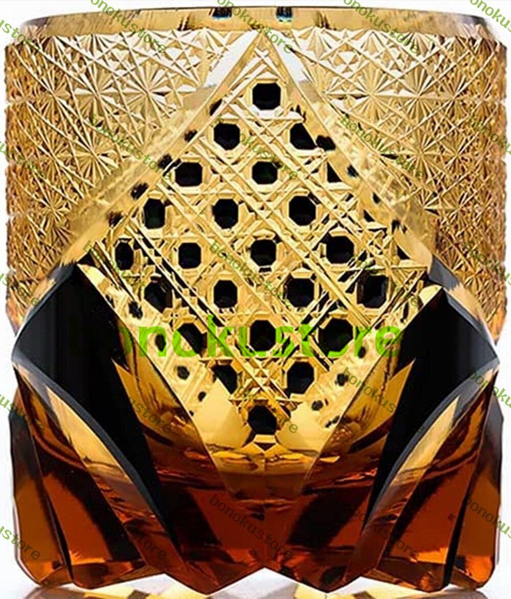 ウイスキーグラス クリスタル ロックグラス ブランデーグラス 菊籠目紋 250ml おしゃれ 日本酒 グラス 父の日 母の日 (琥珀色+黒)拍卖