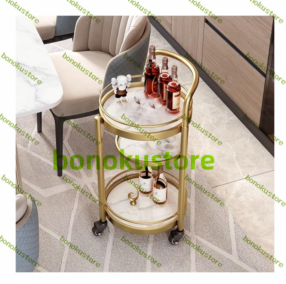 収納ワゴン キッチンカート 3層金属ローリングカートダイニングカートホイールモバイルワインカートレストランバート(Gold+White)拍卖