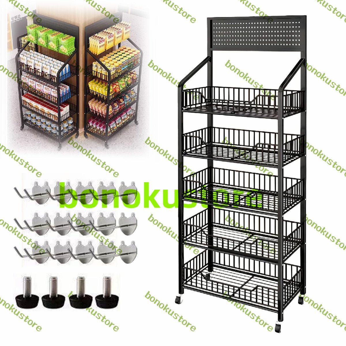 スーパーマーケットの棚 5層 スーパーの棚 多機能 店舗用陳列ラック キャスター付き フック15個付属 ブラック 165*60*27CM拍卖