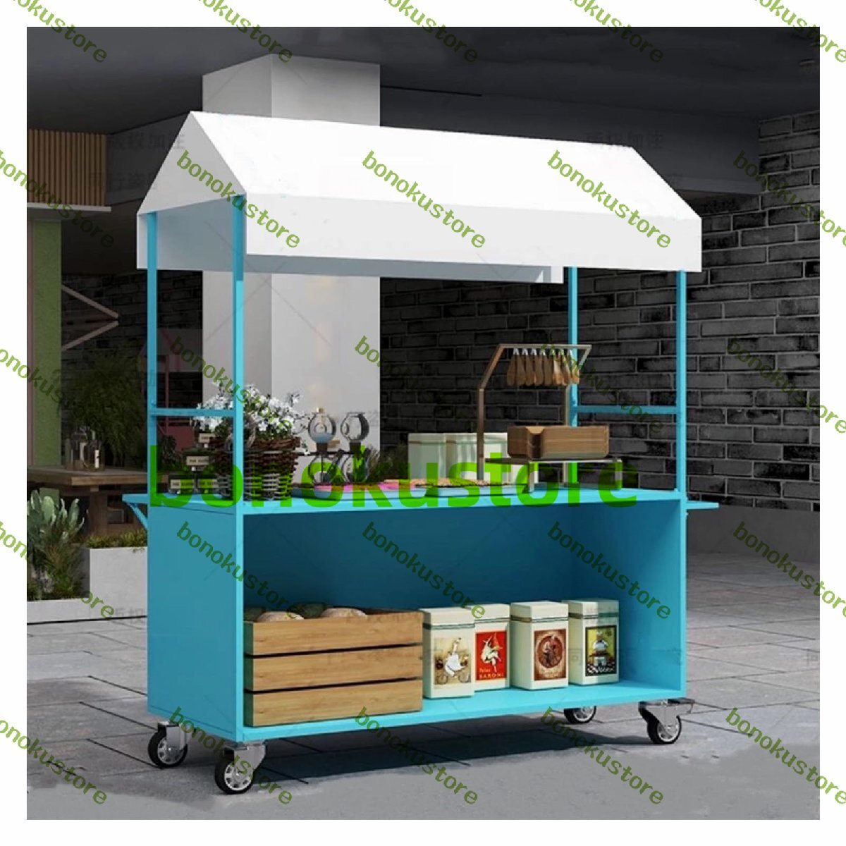 屋台ブース スナックディスプレイカート 屋台用食品販売カート キャノピーとロック可能な車輪付き プロモーション 140x60x190cm拍卖