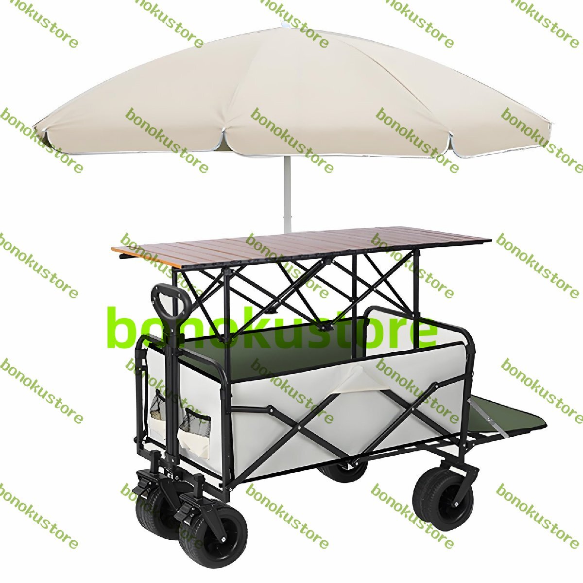 屋台セット ブース 床置きベンダーテーブルカート イベントブース 折りたたみ式屋台 360°自在車輪 パラソルとプルロッド付き(ベージュ)拍卖