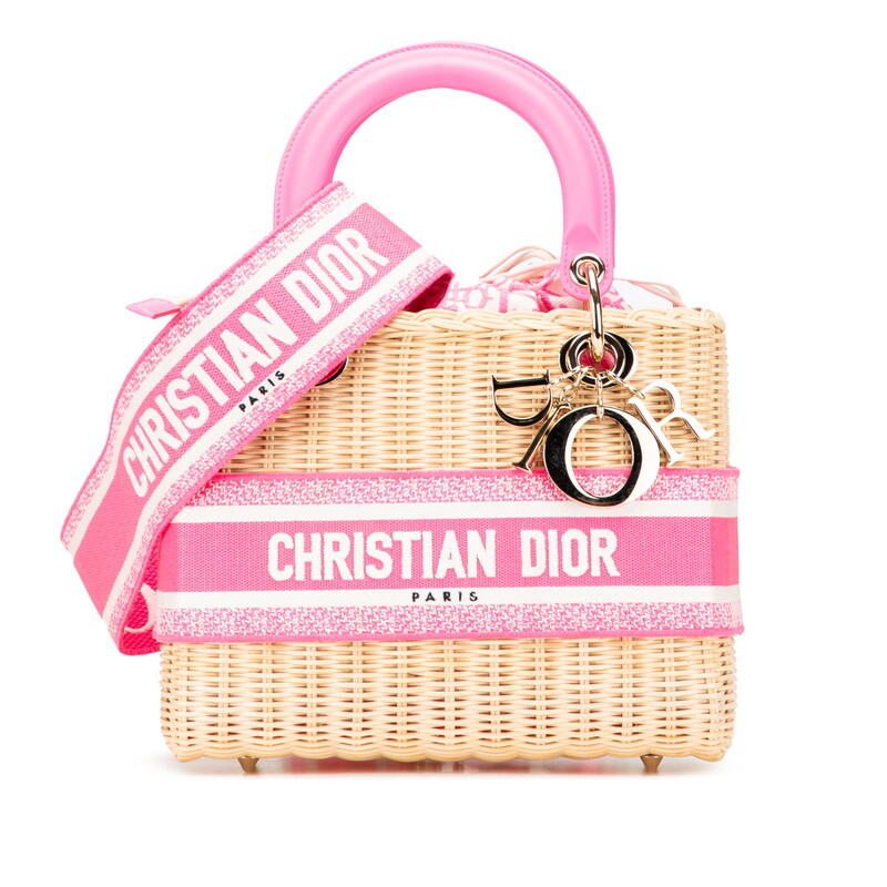 ディオール レディディオール ウィッカー ハンドバッグ ショルダーバッグ 2WAY ベージュ ピンク ラタン キャンバス レザー Dior 【中古】拍卖