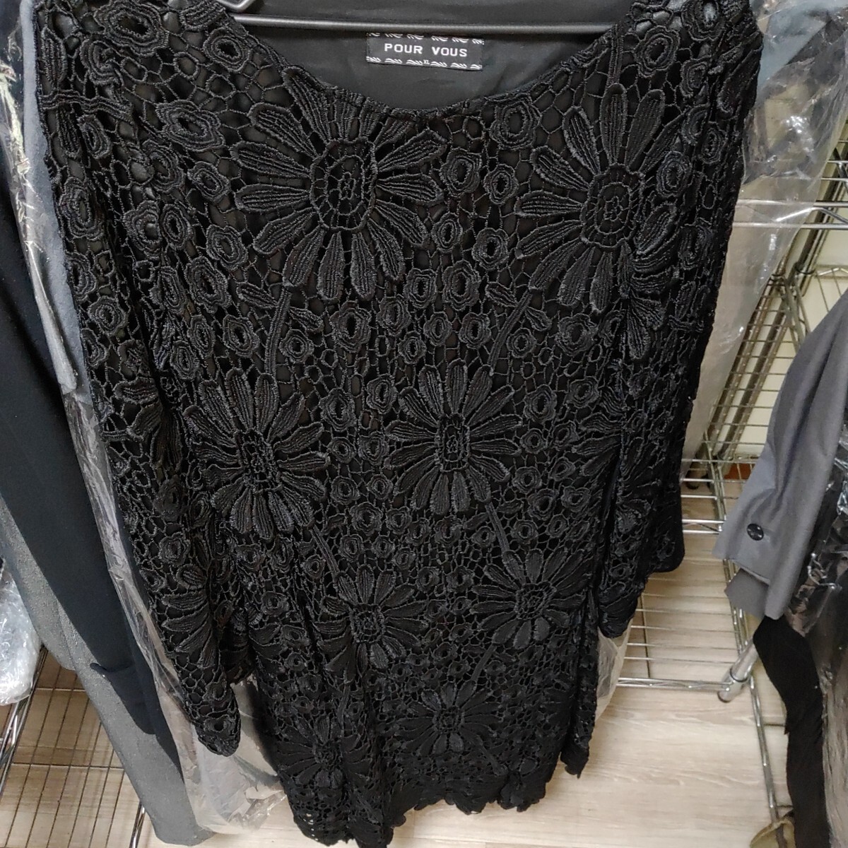 POUR VOUS 黒 かぎ編み総レース長袖ワンピース サイズXL プールヴー レースワンピース オケージョンドレス ブラック 0922-A4-TA8拍卖
