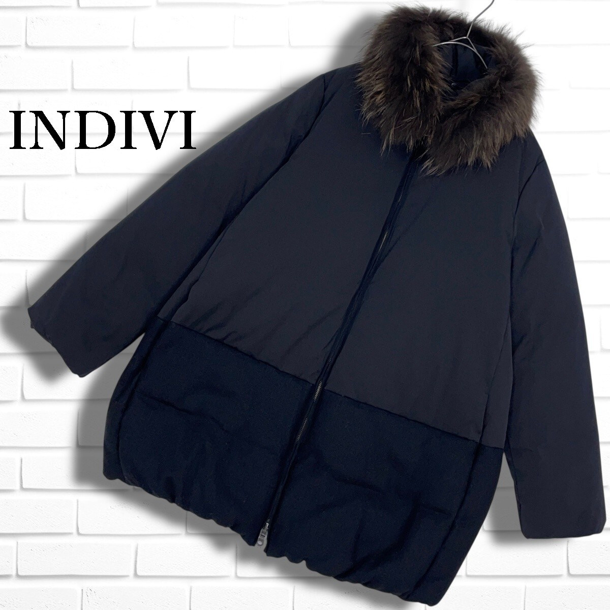 ◆美品◆ INDIVI インディヴィ リアル ファー 切替 ダウン コート 黒 ブラック レディース 42 XL LL ◆大きいサイズ 送料無料◆ 6265H◇拍卖