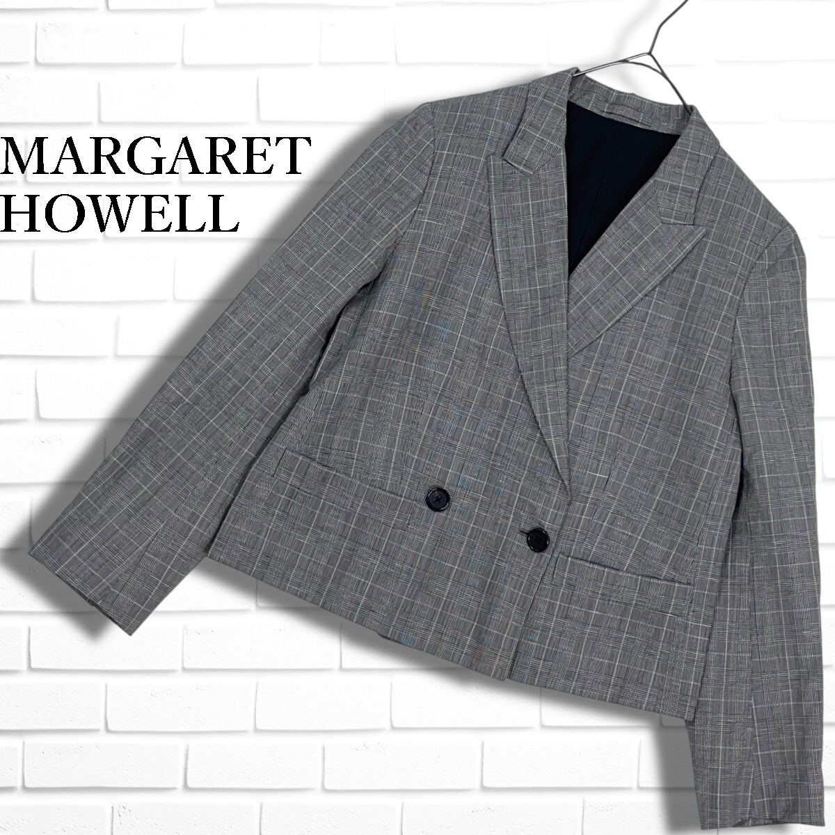◆良品◆ MARGARET HOWELL マーガレットハウエル リネン 麻 グレンチェック ジャケット 黒 × 白 ブラック ホワイト レディース 2 2305I□拍卖