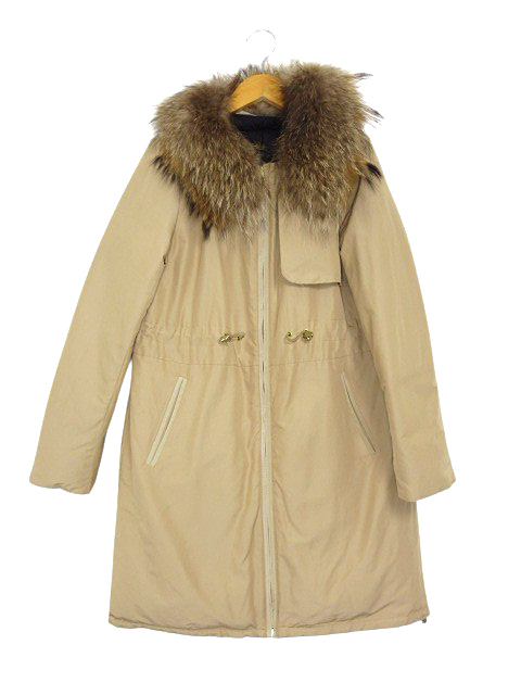 ロペ ROPE ダウンコート ノーカラー リバーシブル ジップ ラクーンファー ベージュ ブラック size 38 レディース拍卖