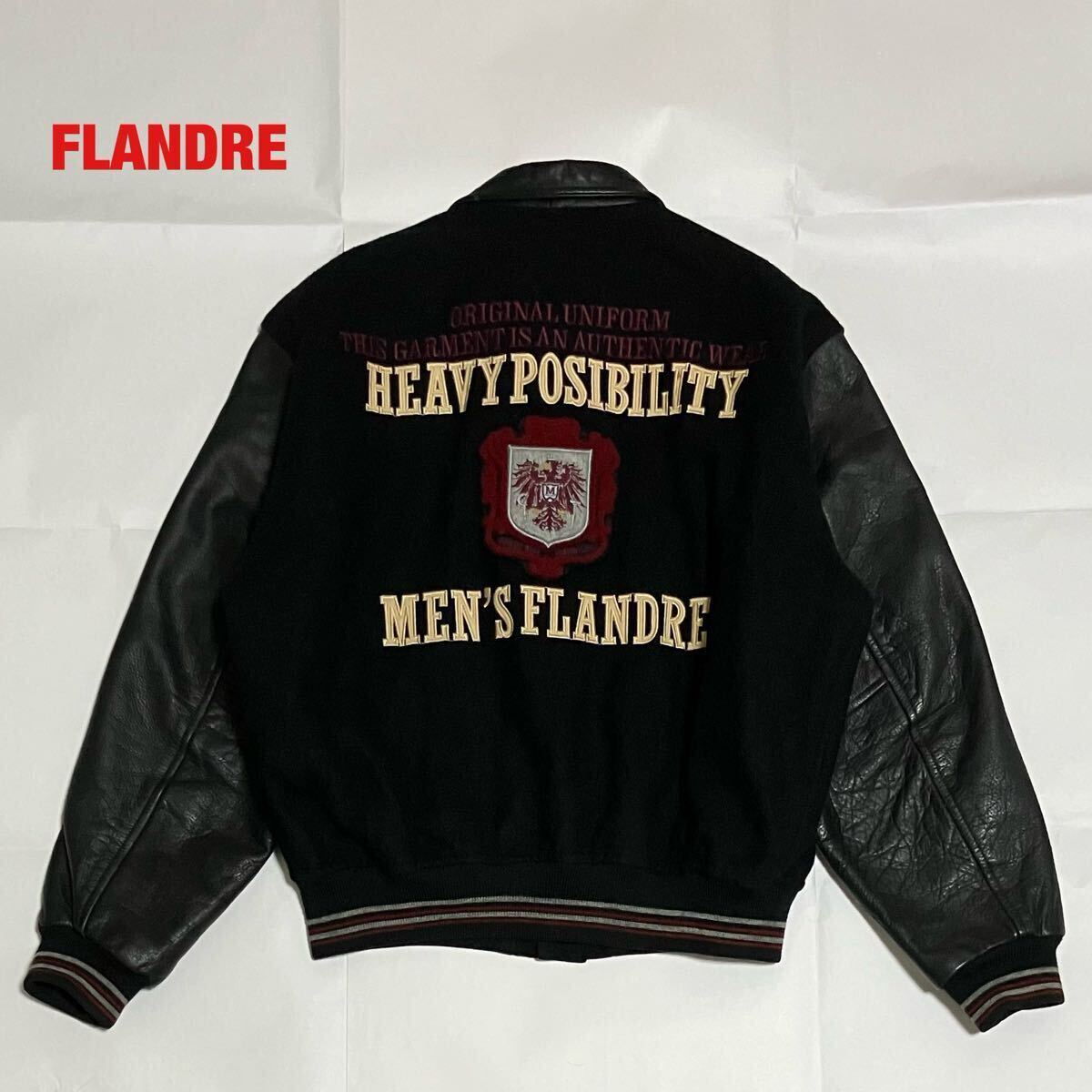 【人気】FLANDRE フランドル スタジャン 中綿ジャケット 牛革レザー 衿レザー 袖レザー 刺繍ロゴ ワッペン キルティング拍卖