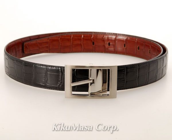 メンズ ベルト ワニ柄牛革型押し スイッチ ベルト ブラック/ブラウン 回転バックル拍卖