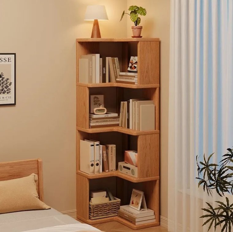 実木置物棚着地コーナー家庭用壁際本棚リビング多層コーナー収納簡易コーナー本棚拍卖