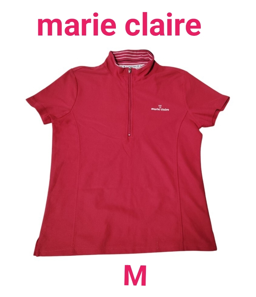 (sp34)マリ・クレール marie claire  ハーフジップ 半袖 ポロシャツ レッド レディース Mサイズ ゴルフウェア スポーツ 古着 拍卖