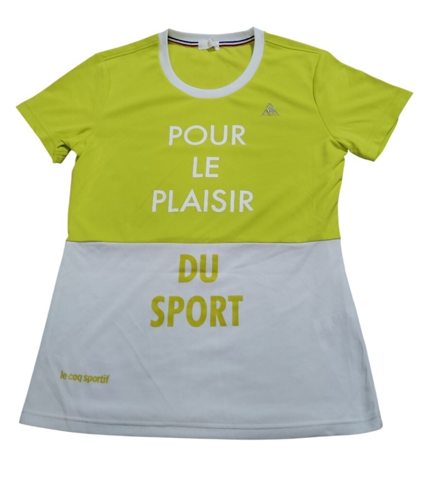 (sp56)ルコックスポルティフ le coq sportif  半袖トップス イエロー/ホワイト サイズO レディース ツートン テニス ゴルフ拍卖