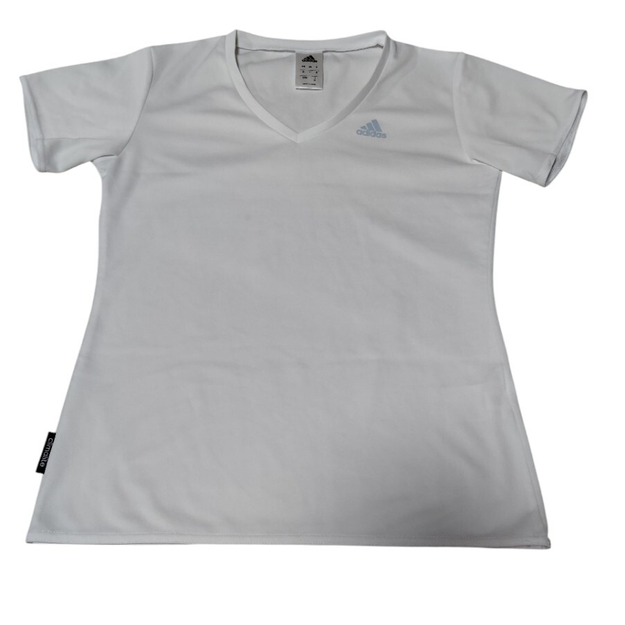 (sp4)アディダス adidas 半袖 Tシャツ Mサイズ レディース Vネック トップス ホワイト スポーツウェア カットソー 匿名配送拍卖
