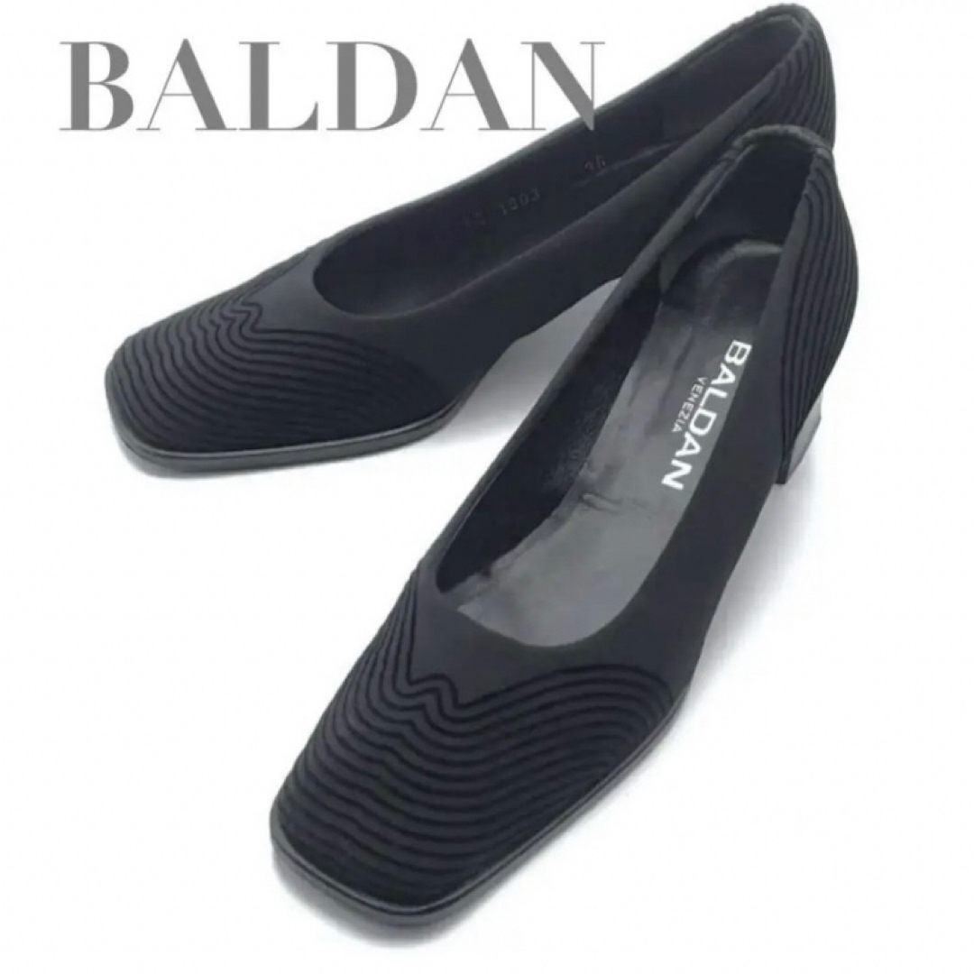 BALDAN バルダン パンプス ブラック 黒 レザー 22.5~23㎝ レディース リブデザイン スクエアトゥ チャンキーヒール イタリア製拍卖