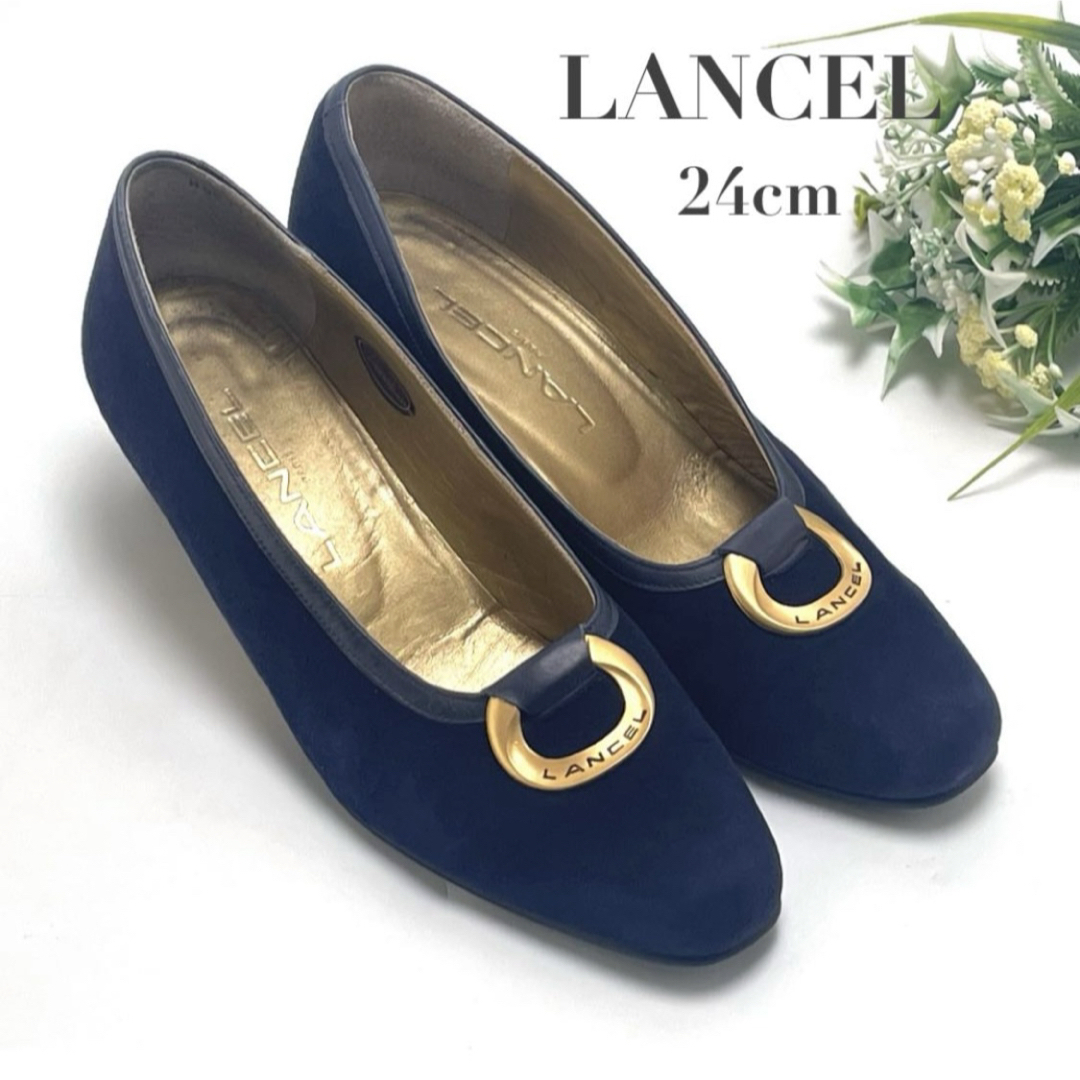 LANCEL ランセル パンプス 24cm ネイビー 紺 ゴールド スエード チャンキーヒール レディース ロゴ ブランド ヴィンテージ ビンテージ拍卖