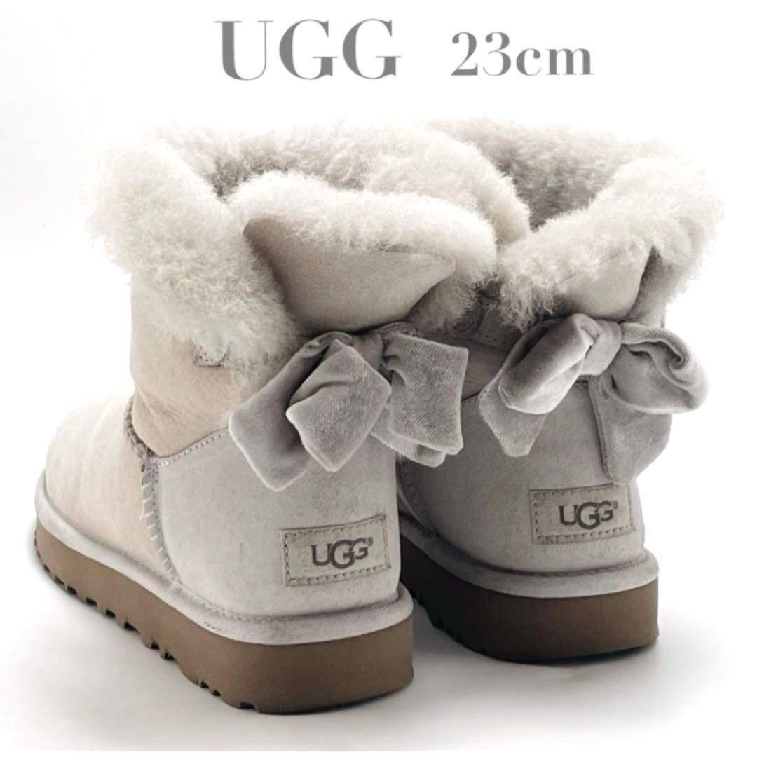 UGG ムートンブーツ ショート リボン ベージュ系 23cm レディース シープスキン ボア スエード ショートブーツ レディース 保温 防寒拍卖