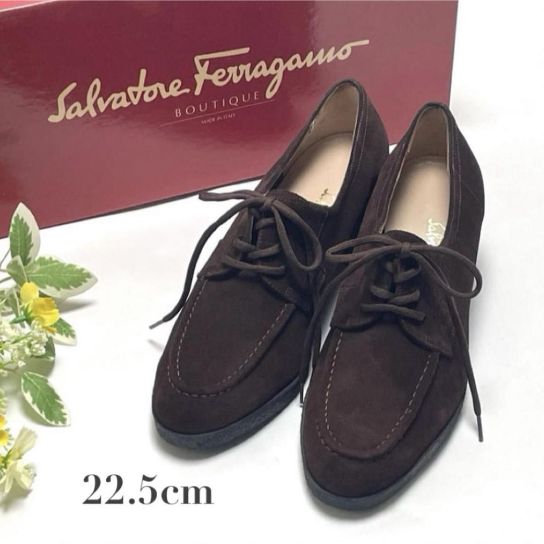 Salvatore Ferragamo フェラガモ スエード 外羽 Uチップ レースアップ クレープソール パンプス ヒール ブラウン 22.5cm レディース拍卖