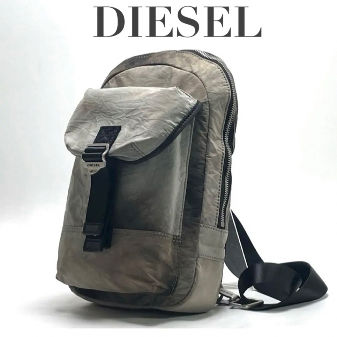 【archive】00s DIESEL ディーゼル ミリタリー スリングバッグ ワンショルダー グランジ加工ボディバッグ クロスボディ グレー スモーク拍卖
