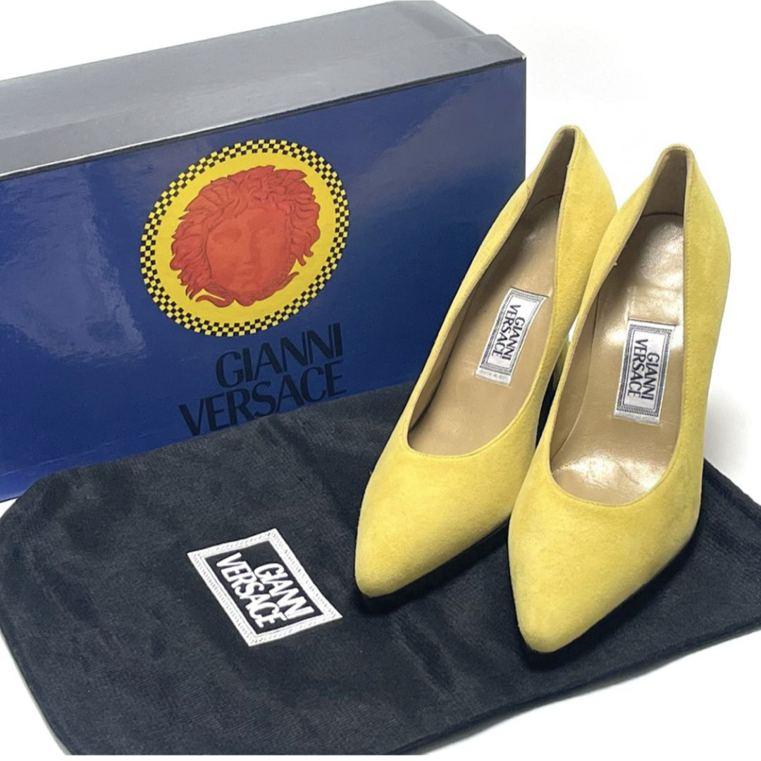 【希少カラー】 VERSACE ヴェルサーチ ベルサーチ イタリア製 スエード イエロー パンプス ハイヒール 22cm ポインテッドトゥ レディース 拍卖