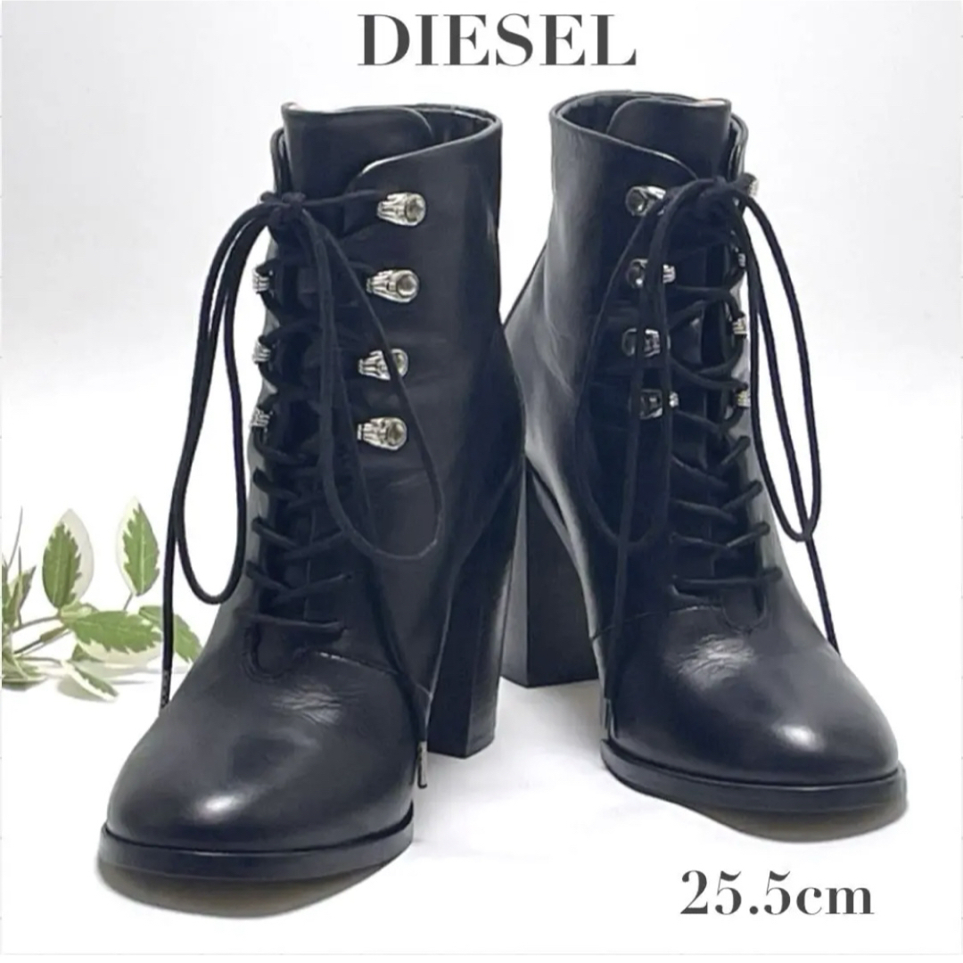 DIESEL ディーゼル レースアップ ショートブーツ アンクルブーツ 39 チャンキーヒール ブーティ ブラック 黒 本革 レザー レディース拍卖