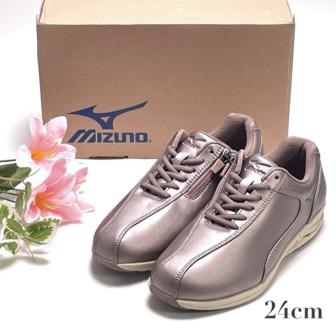 美品 MIZUNO ミズノ ウォーキング シューズ スニーカー サイドファスナー ピンクゴールド EEE 幅広 シューズ 靴 軽量 レディース拍卖