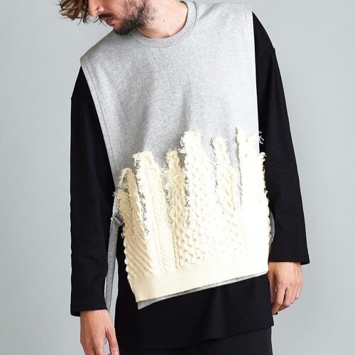 NO ID./ノーアイディー/レイヤードニット/カットオフケーブル編みニットレイヤード スウェットベスト/サイドアジャスターベルト拍卖