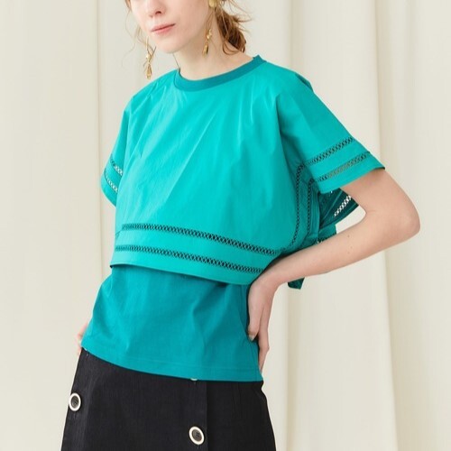 MUVEIL/ミュベール/布帛付きプルオーバー/ケープドッキングノースリーブ/プルオーバーブラウス/カットソー/エメラルドグリーン拍卖