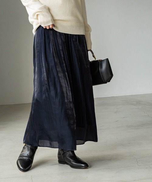 NOBLE/ノーブル/シャイニーエアメタルIラインスカート/イージースカート/ロングフレアスカート/シアーサテン生地/ギャザーウエスト拍卖