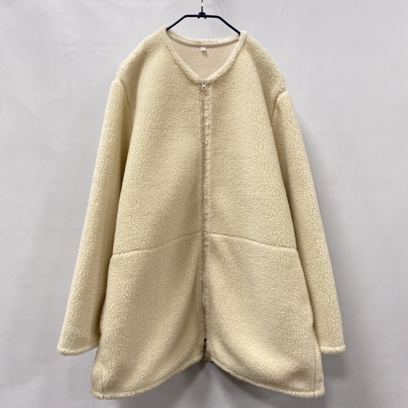 無印良品/MUJI/良品計画/ノーカラー ジップアップボアジャケット/XLサイズ/サイドポケット/アイボリー系/ゆったりシルエット拍卖