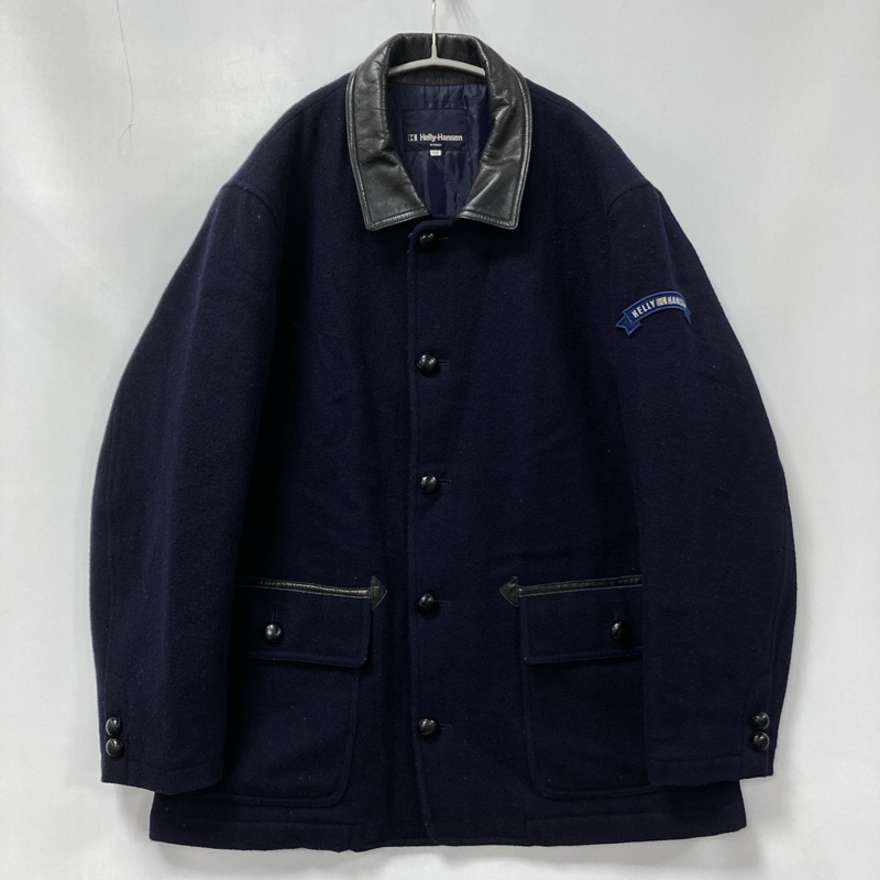 HELLY HANSEN/ヘリーハンセン/カウレザーパーツ/くるみボタン/ウールミドルコート/ウールジャケット/内キルティング/ネイビー拍卖