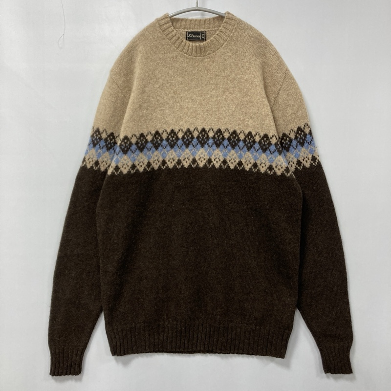 J.C.PENNEY/JCPENNEY/JCペニー/70s~80s/アーガイルライン切替 クルーネックウールニットセーター/ブラウン/ビンテージ/ゆったりシルエット拍卖