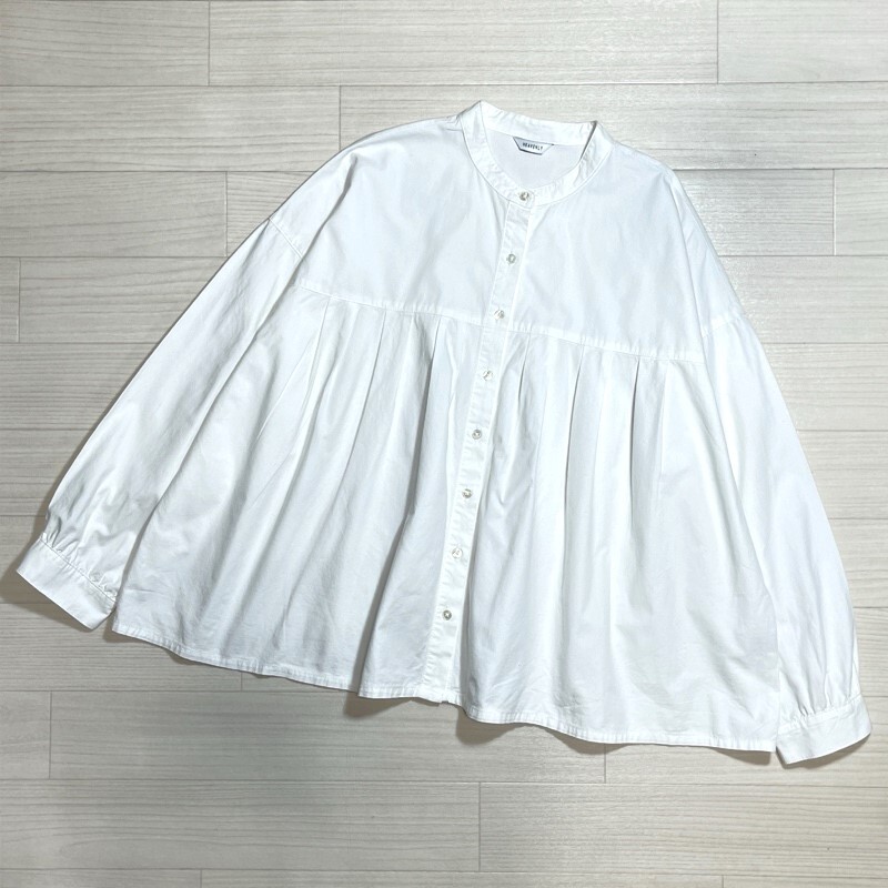 HEAVENLY/ヘブンリー/コットンリネン/プリーツテントシャツ/綿麻/ホワイト/ふんわりシルエット/ゆったりAライン/バンドカラー/ブラウス拍卖