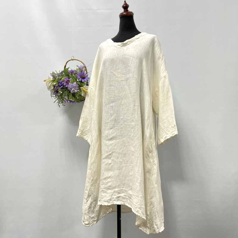 Cheer/チアー/Aラインシルエット/オーバーサイズ/プルオーバーリネンワンピース/サイドポケット/麻100%/ふんわりシルエット/ハーフスリーブ拍卖