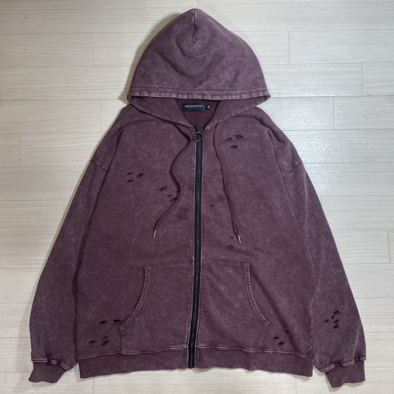 PSYCHO NATION/サイコネーション/ケミカルダメージZIPパーカー/リングジップ/オーバーサイズ/ユニセックス/フェード・切り裂き加工拍卖