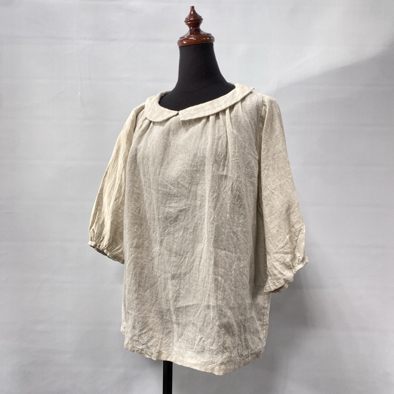 はりしごとfuku/襟付き/リネン100%/半袖シャツブラウス/キナリ/麻/サリオ/ギャザー入り/ふんわりワイドシルエット/ゆったり拍卖