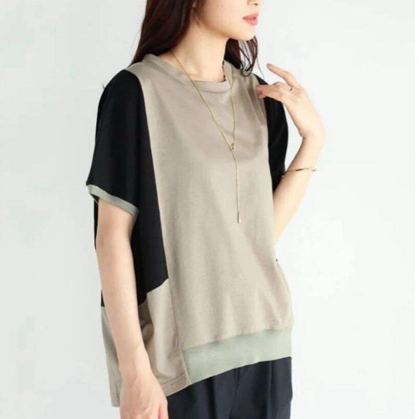 Vin/ヴァン/コンビネーションカットソー/高ストレッチ/クルーネック/ゆったりシルエット/配色切り替え/裾前後差デザイン拍卖