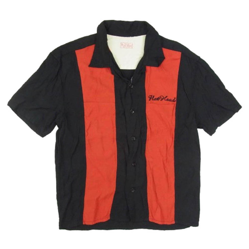 THE FLAT HEAD ザフラットヘッド ロゴステッチ レーヨン ボーリング 半袖 オープンカラー シャツ ブラック系 S【中古】拍卖